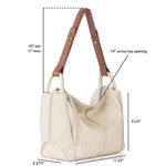 Stone leather hobo bag with brown leather handles, 14" top opening, 9.25" height.