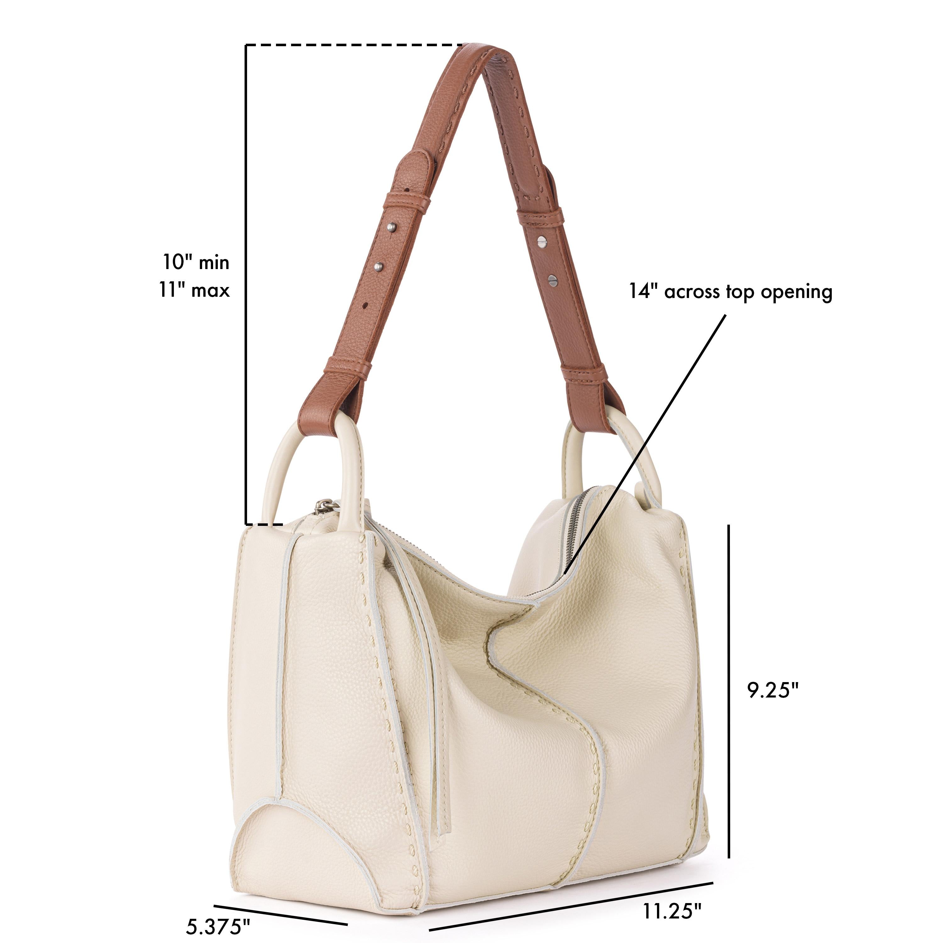 Stone leather hobo bag with brown leather handles, 14" top opening, 9.25" height.