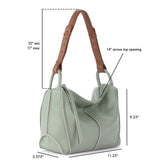 Sage green leather hobo bag with brown leather handles and dual top handles, 14" opening width.