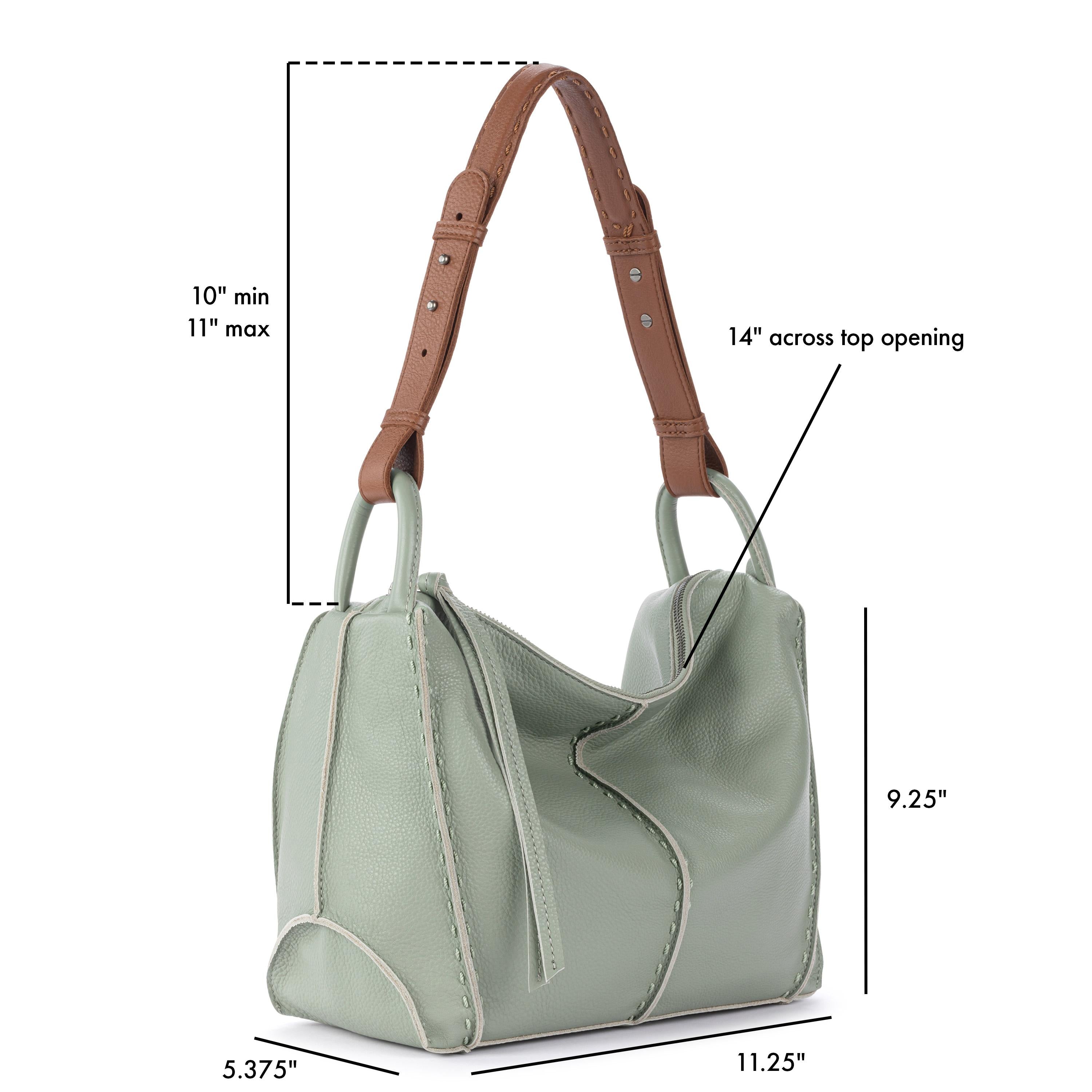 Sage green leather hobo bag with brown leather handles and dual top handles, 14" opening width.