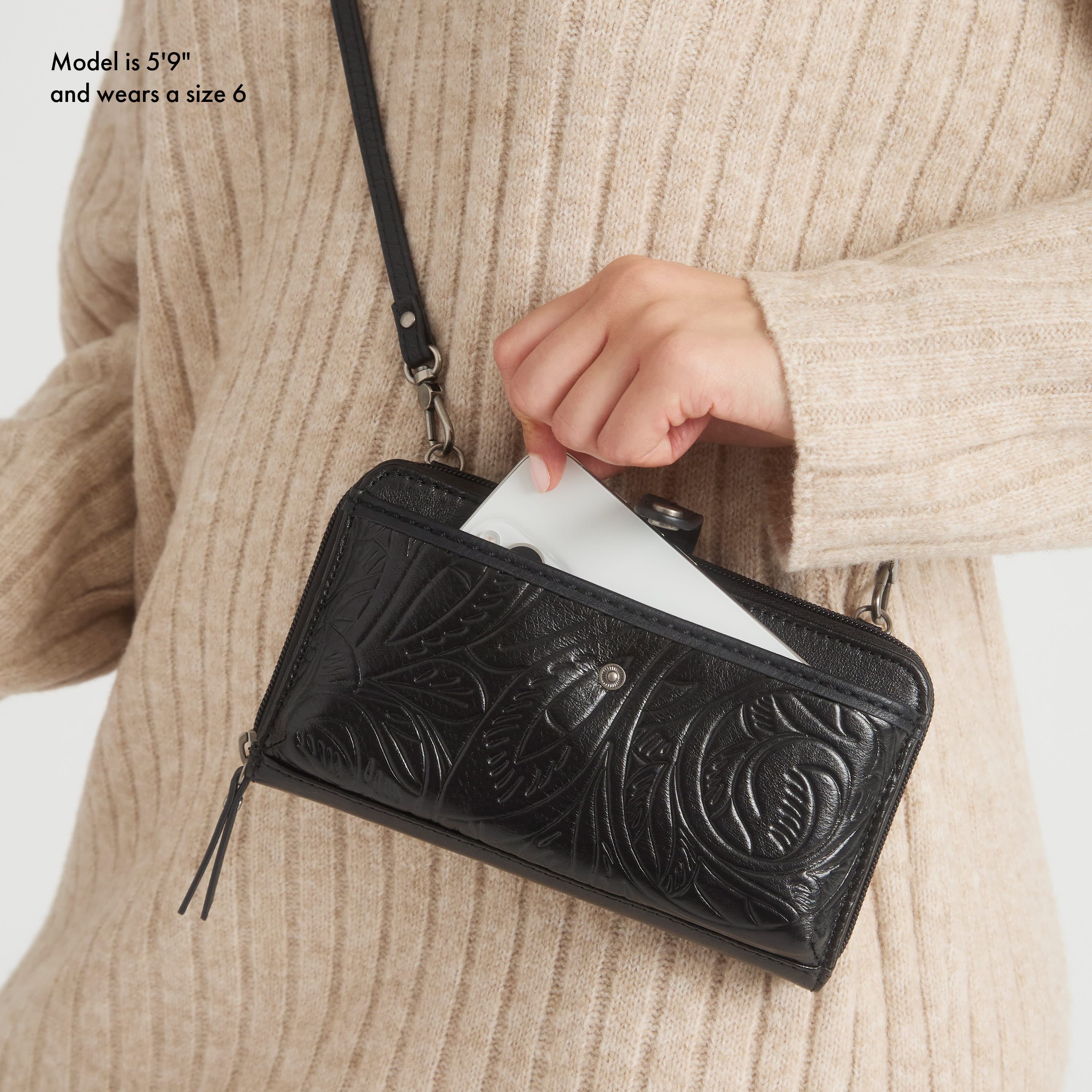 The Sak Iris Smartphone Wallet - Leather - Black Leaf Embossed