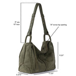 Moss suede hobo bag with dual handles, 14" top opening, 9.25" height, and studded shoulder straps.