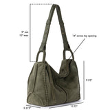 Moss suede hobo bag with dual handles, 14" top opening, 9.25" height, and studded shoulder straps.