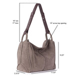 Mushroom suede hobo bag with dual handles and structured bottom, measuring 11.25" wide by 9.25" tall.