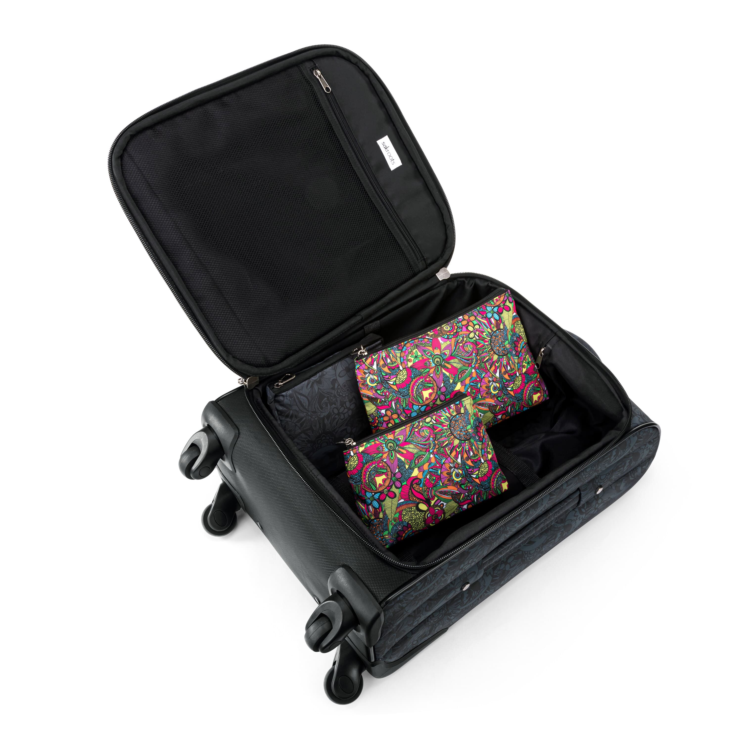 Sakroots On The Go 21" Spinner Luggage Bundle - EcoTwill - Black Rainbow Spirit Desert