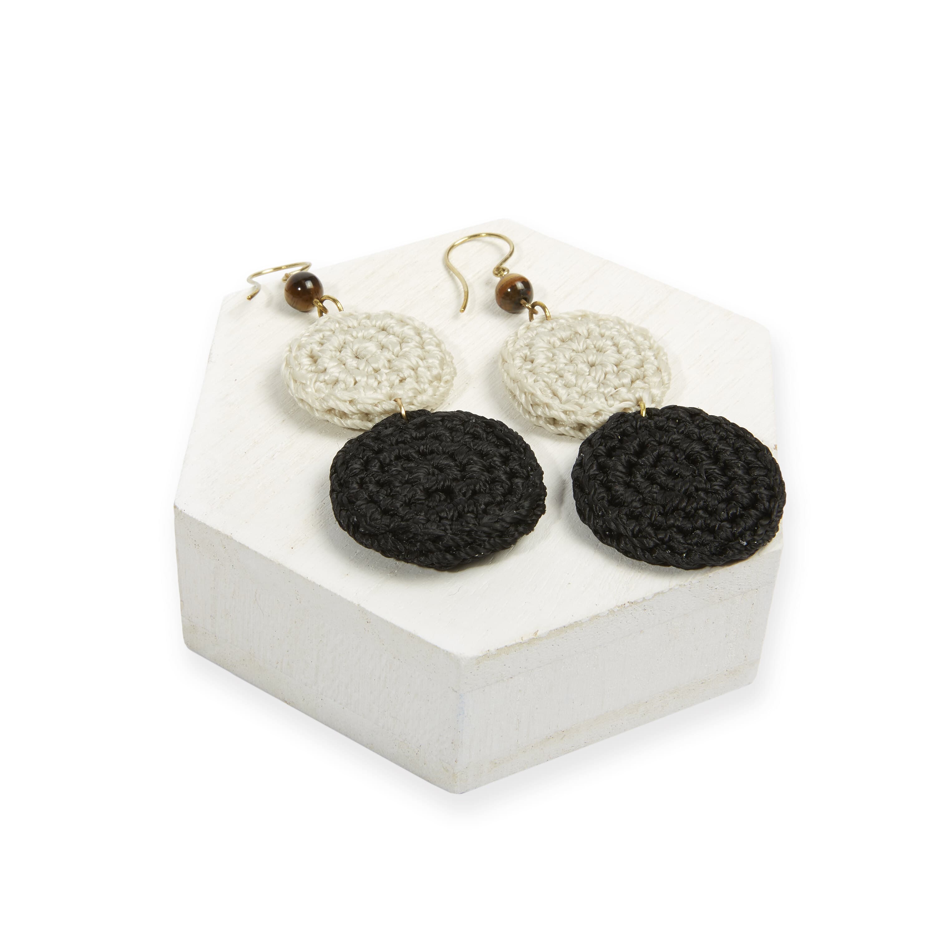 The Sak Jasper Double Disc Earrings - Hand Crochet - Black and Natural
