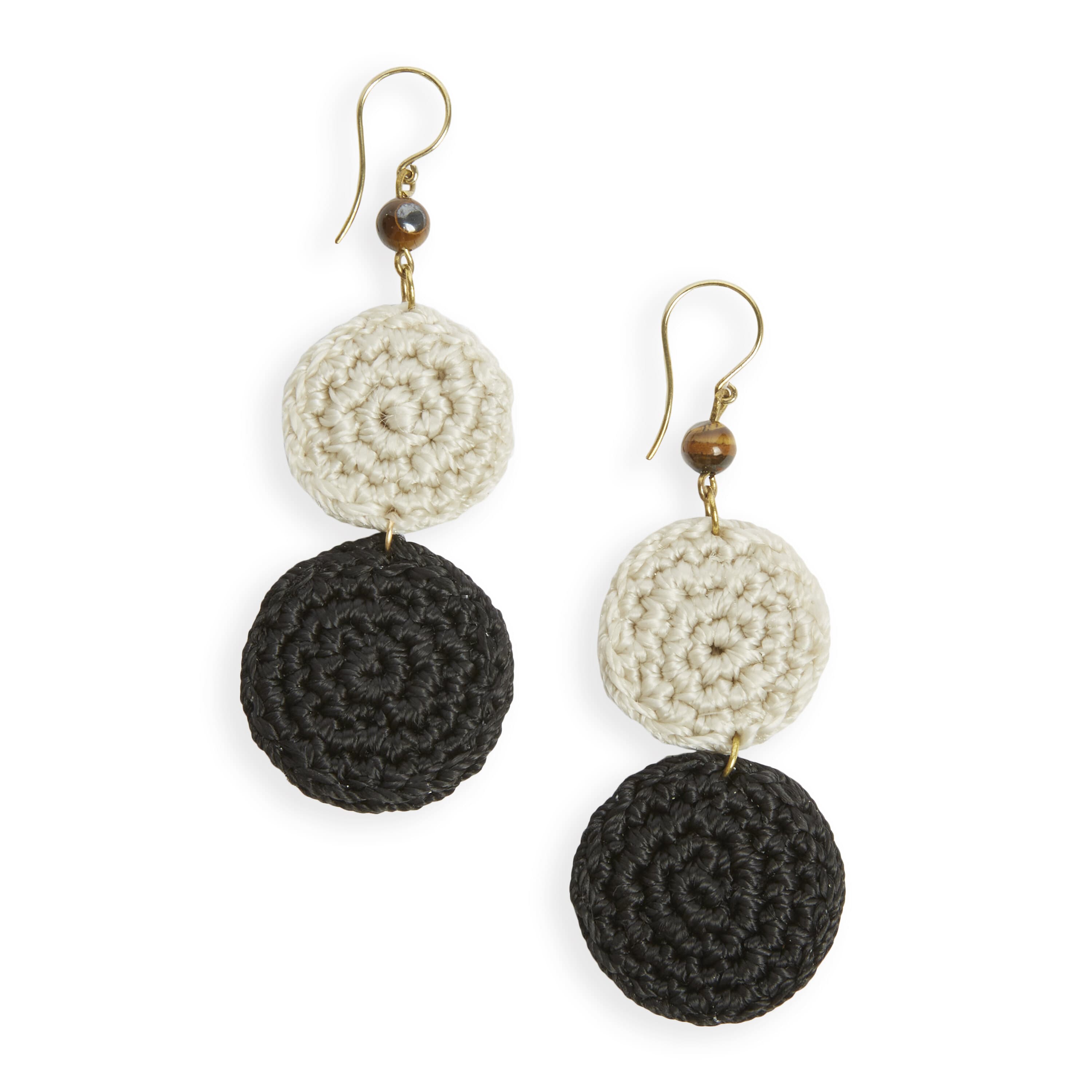 The Sak Jasper Double Disc Earrings - Hand Crochet - Black and Natural