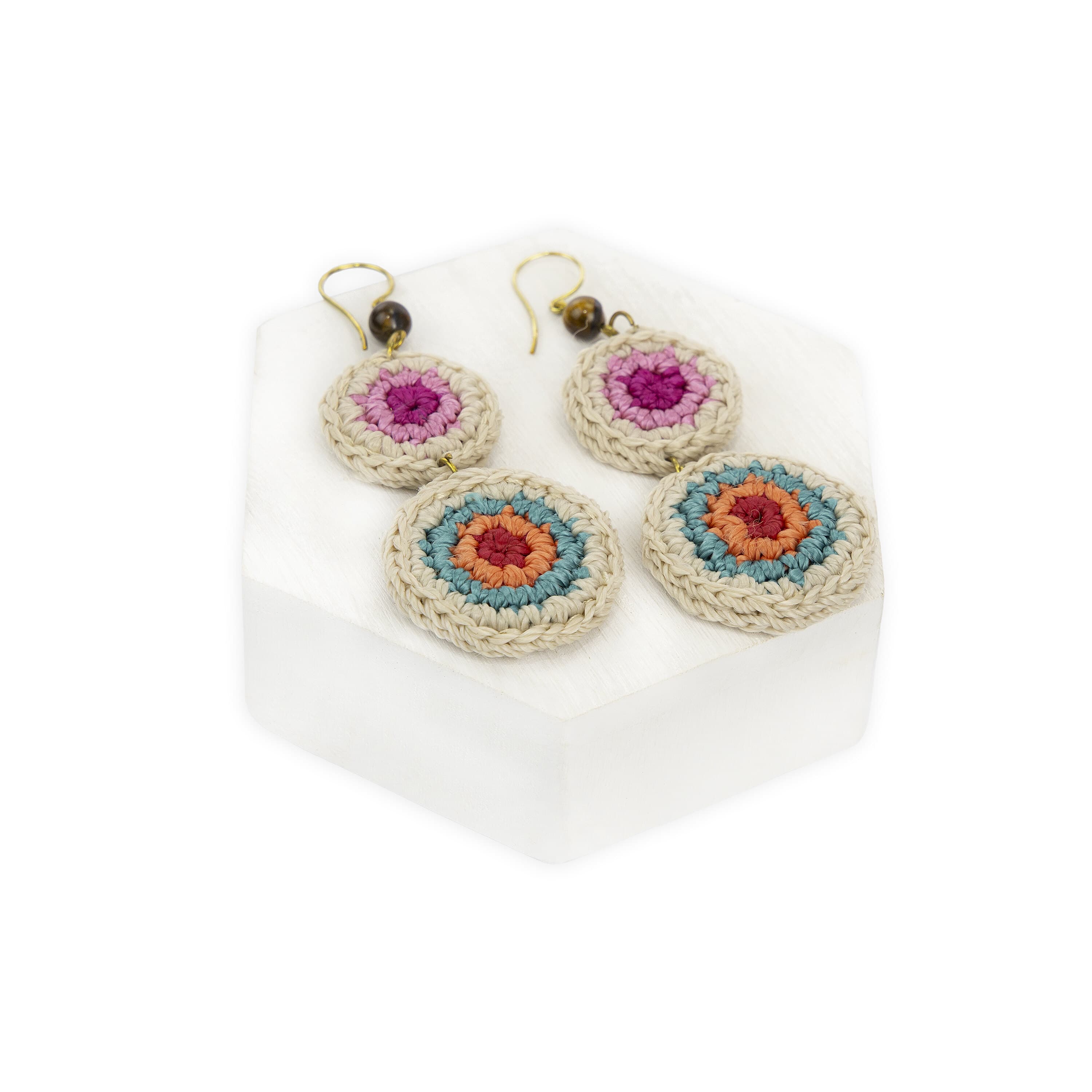 The Sak Jasper Double Disc Earrings - Hand Crochet - Beach Stripe