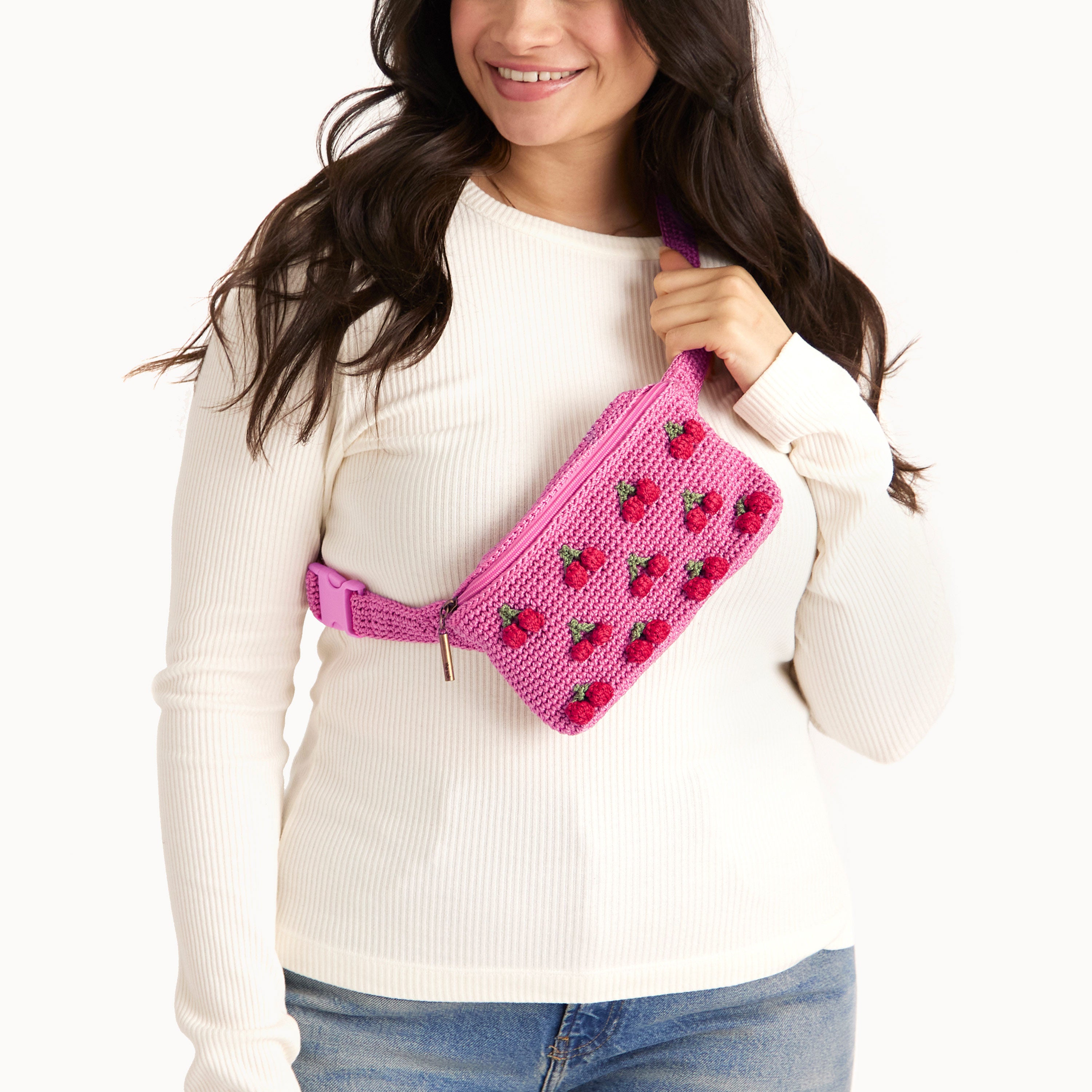 The Sak Caraway Small Belt Bag - Hand Crochet - Pink Cherries