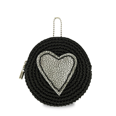 The Sak Circle Coin Pouch - Hand Crochet - Black Silver Heart
