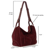Black cherry suede hobo bag with dual handles and top zipper closure.