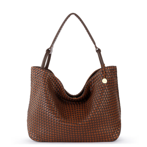 The Sak Los Feliz Large Tote - Leather - Woven Mahogany Cognac