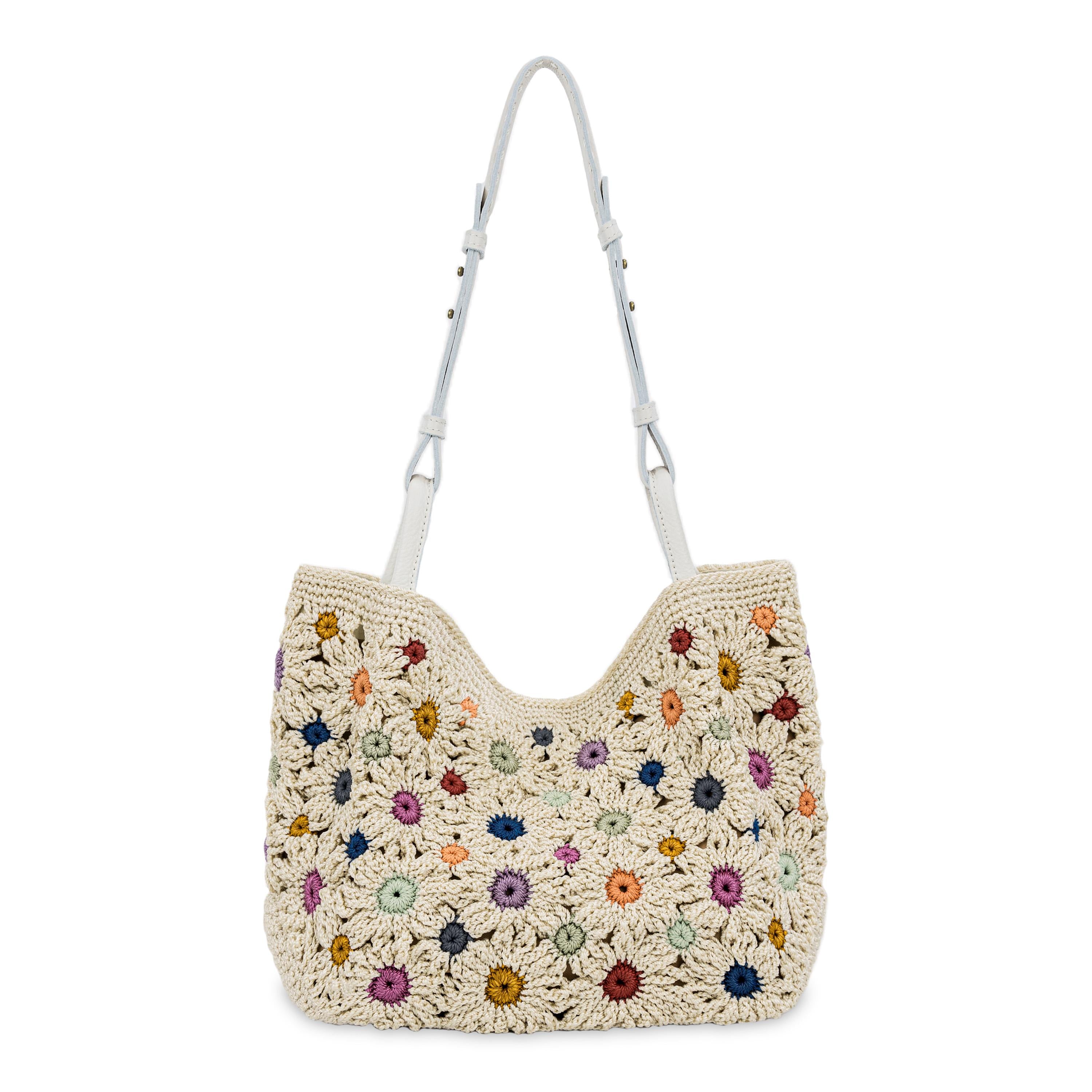 The Sak Los Feliz Med Tote - Hand Crochet - Natural Multi Flowers