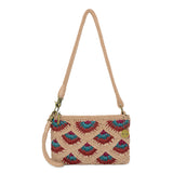 Tan crocheted crossbody bag with red and blue fan pattern, rope handles, and brass hardware.