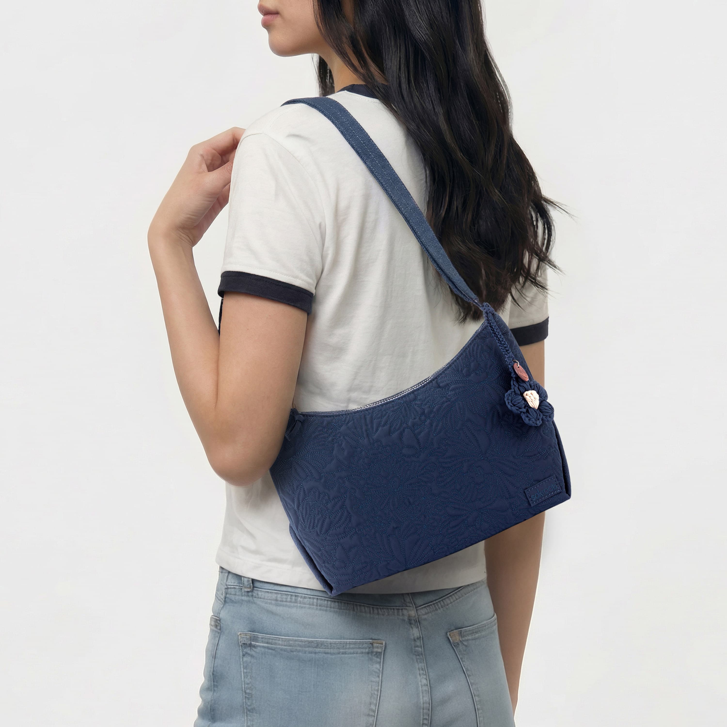 Sakroots Banyan Hobo - EcoTwill - Navy Flower Blossom Quilted