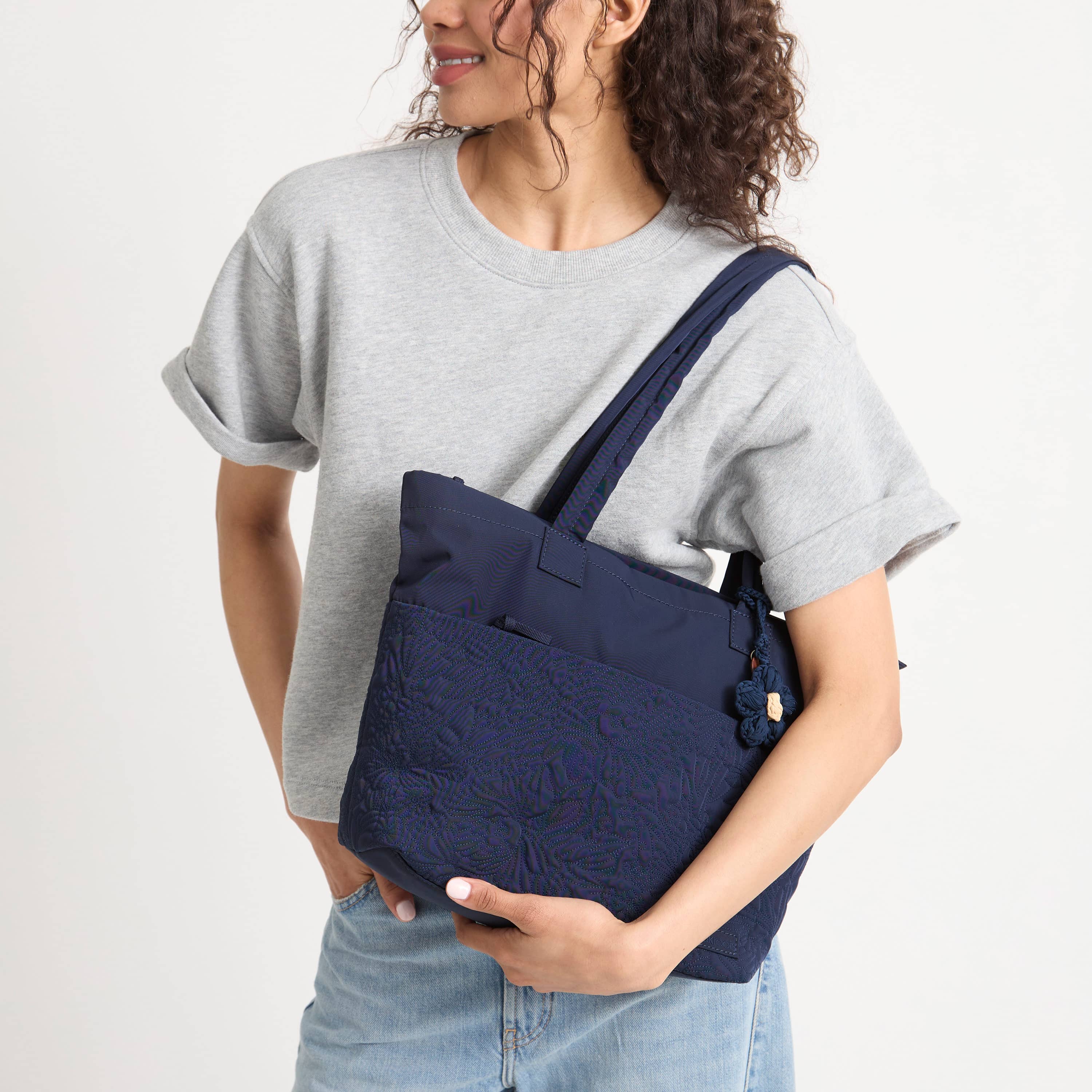 Sakroots Banyan Shoulder Tote - EcoTwill - Navy Flower Blossom Quilted