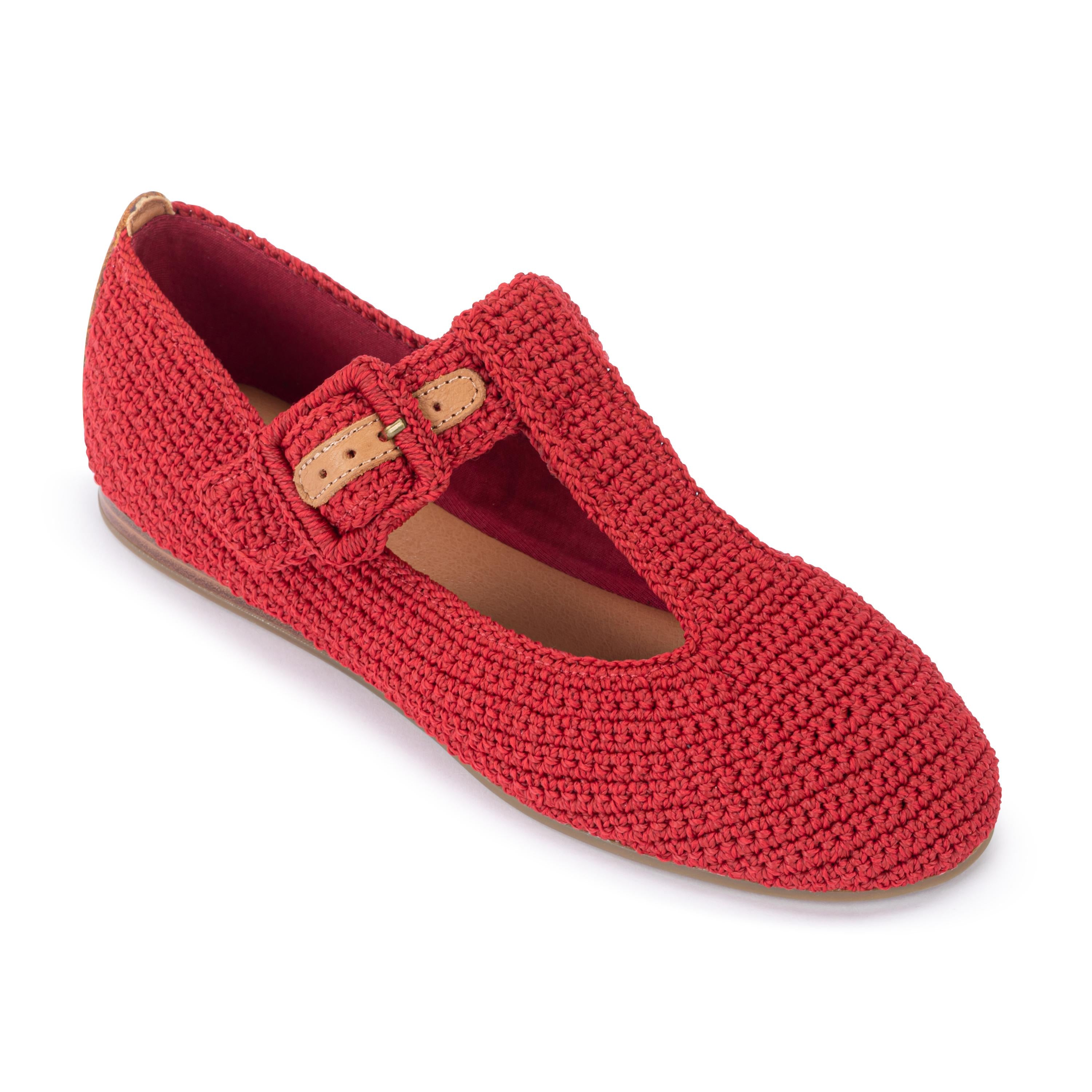 The Sak Leland T Strap Ballet Flat - Hand Crochet - Scarlet