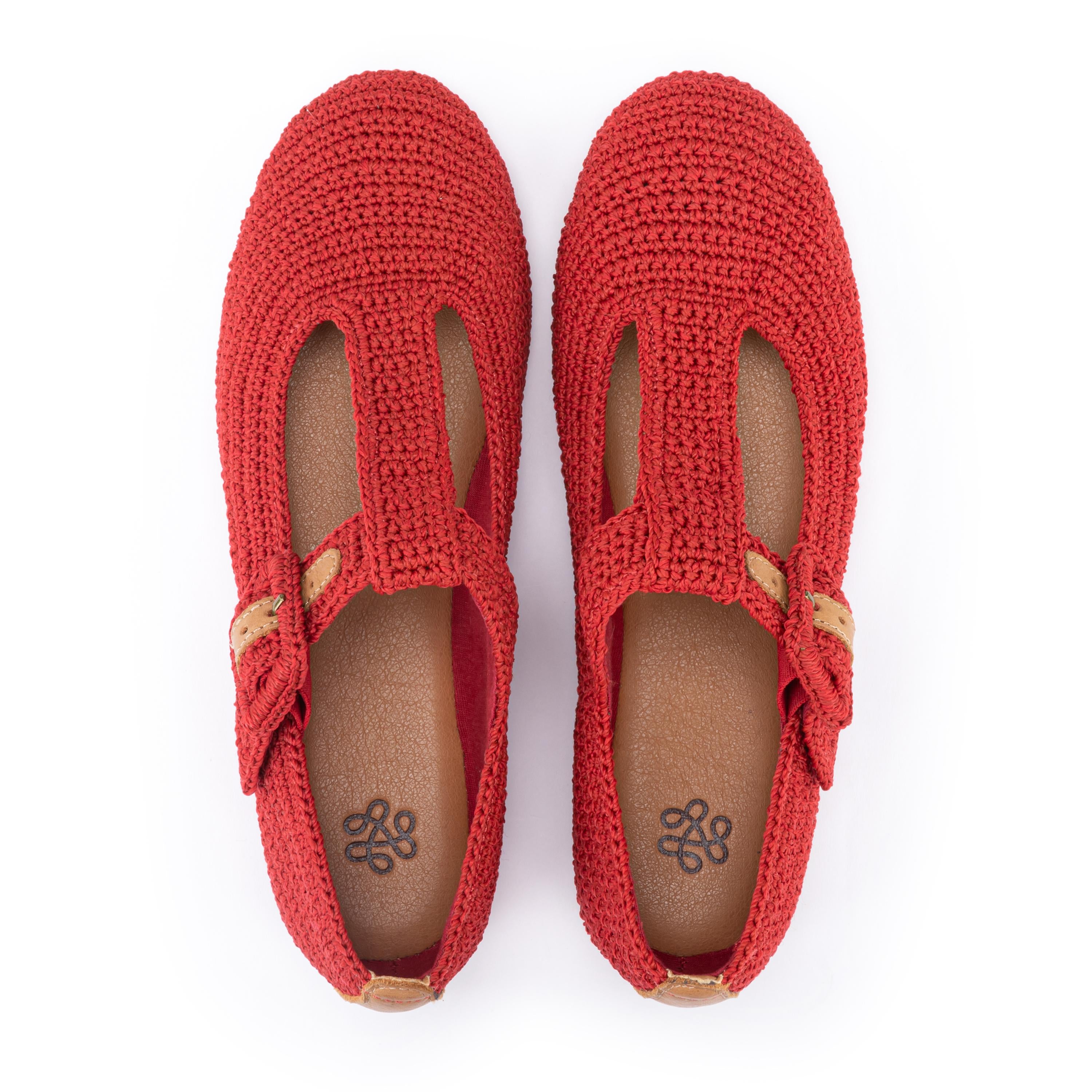 The Sak Leland T Strap Ballet Flat - Hand Crochet - Scarlet