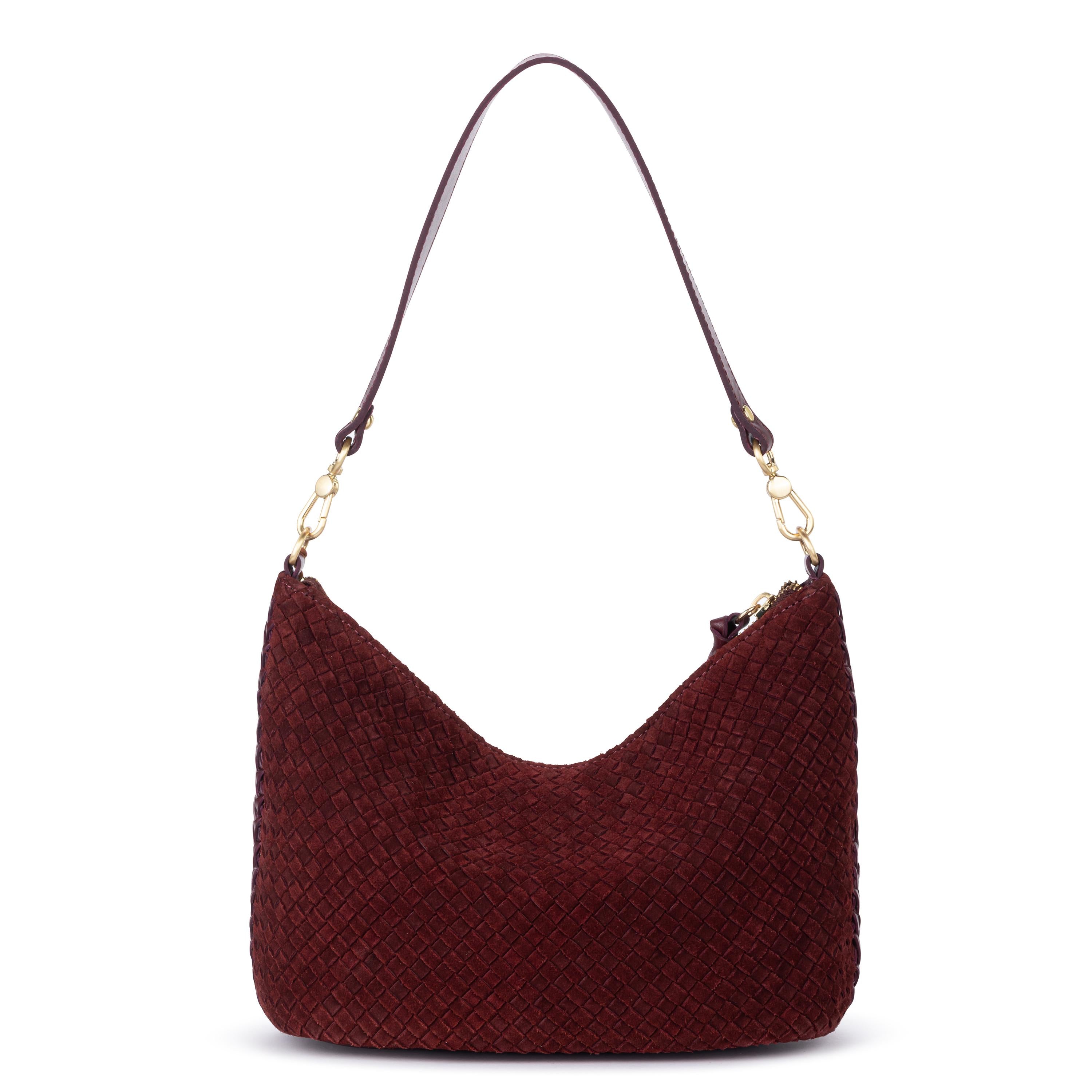 The Sak Juniper Small Hobo - Leather - Black Cherry Suede Woven