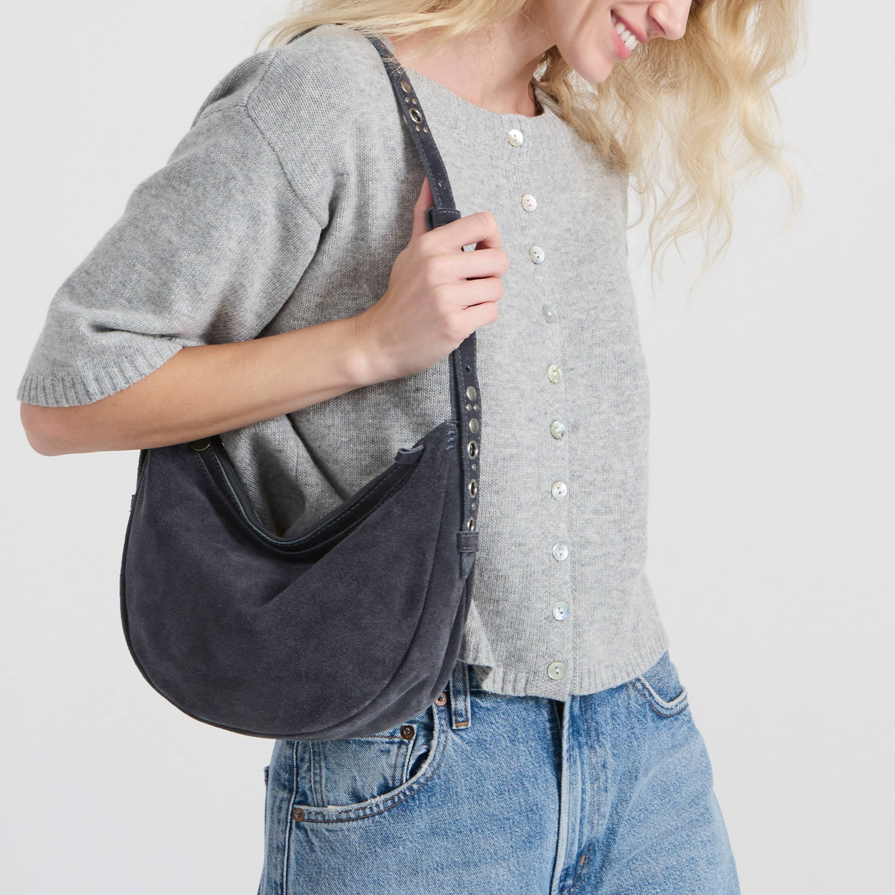The Sak Tess Shoulder Bag - Leather - Storm Grey Suede Belt