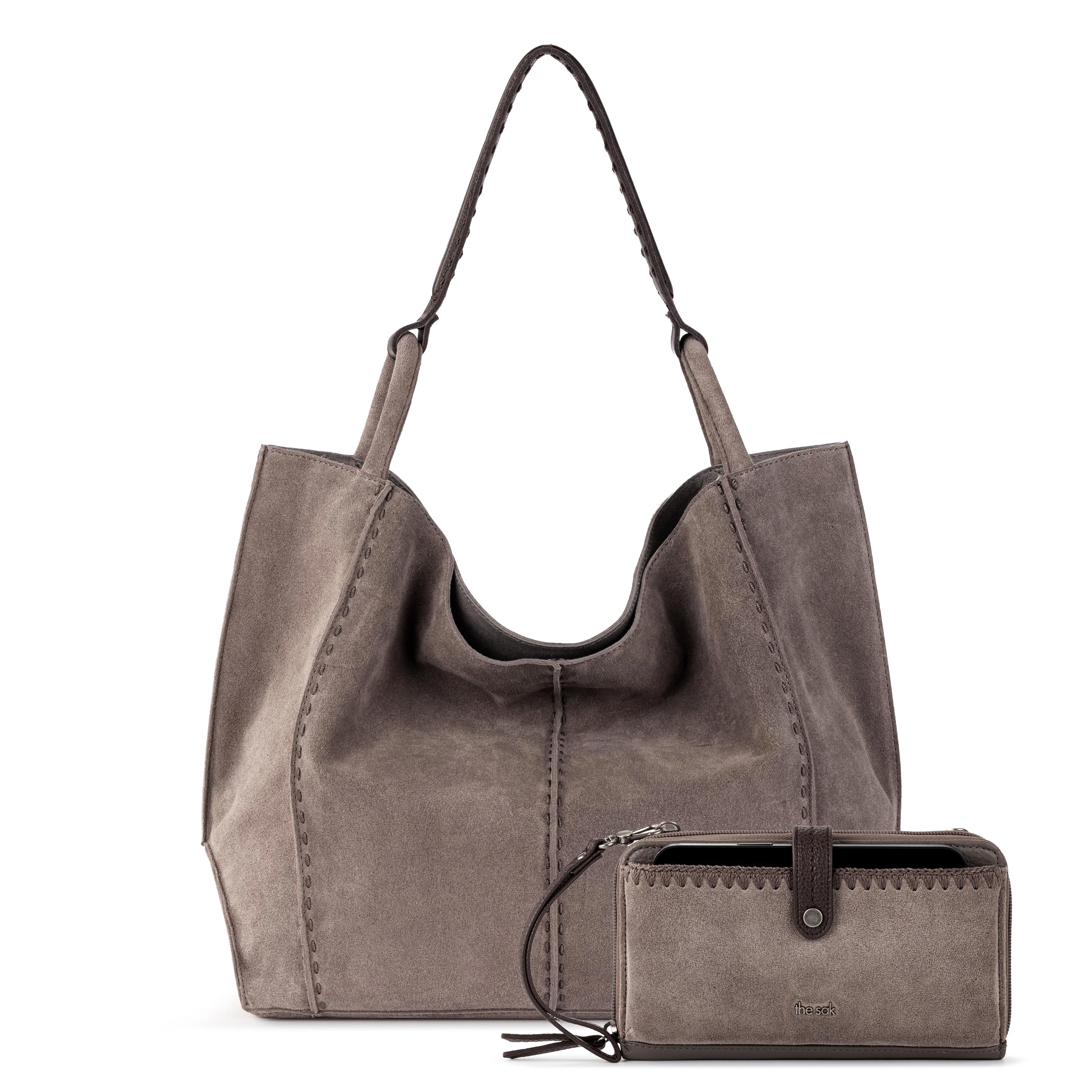 The Sak Los Feliz Large Tote and Iris Smartphone Wallet Bundle - Leather - Mushroom Suede