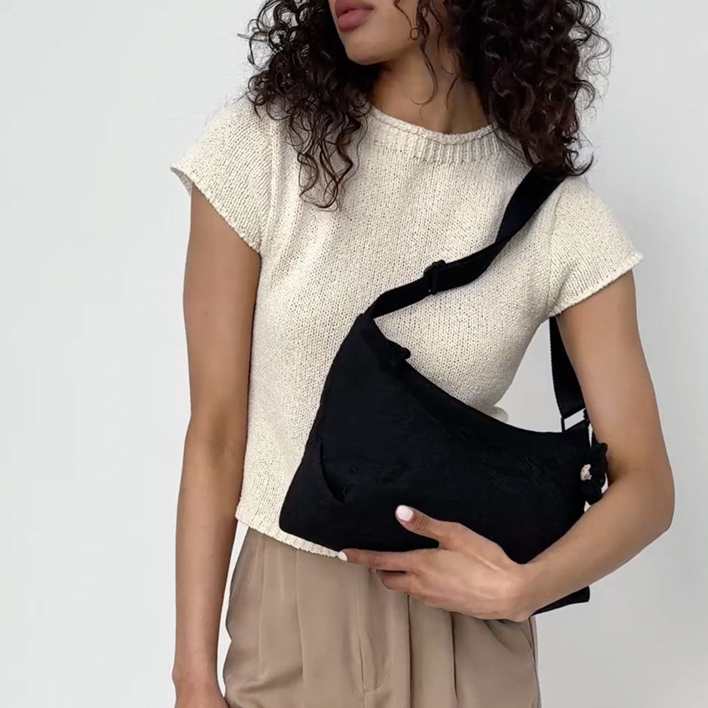 Sakroots Banyan Hobo - EcoTwill - Black Flower Blossom Quilted