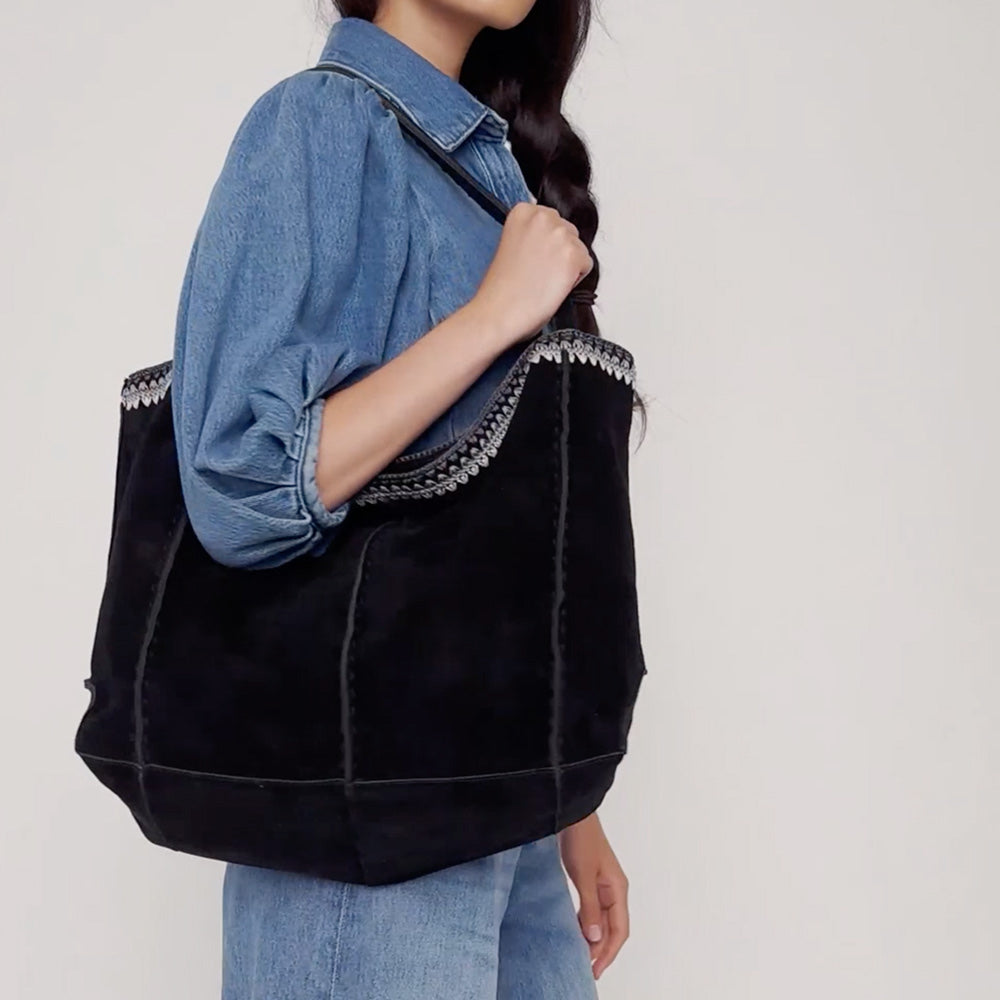 The Sak Los Feliz Large Tote - Leather - Black Suede Blanket Stitch