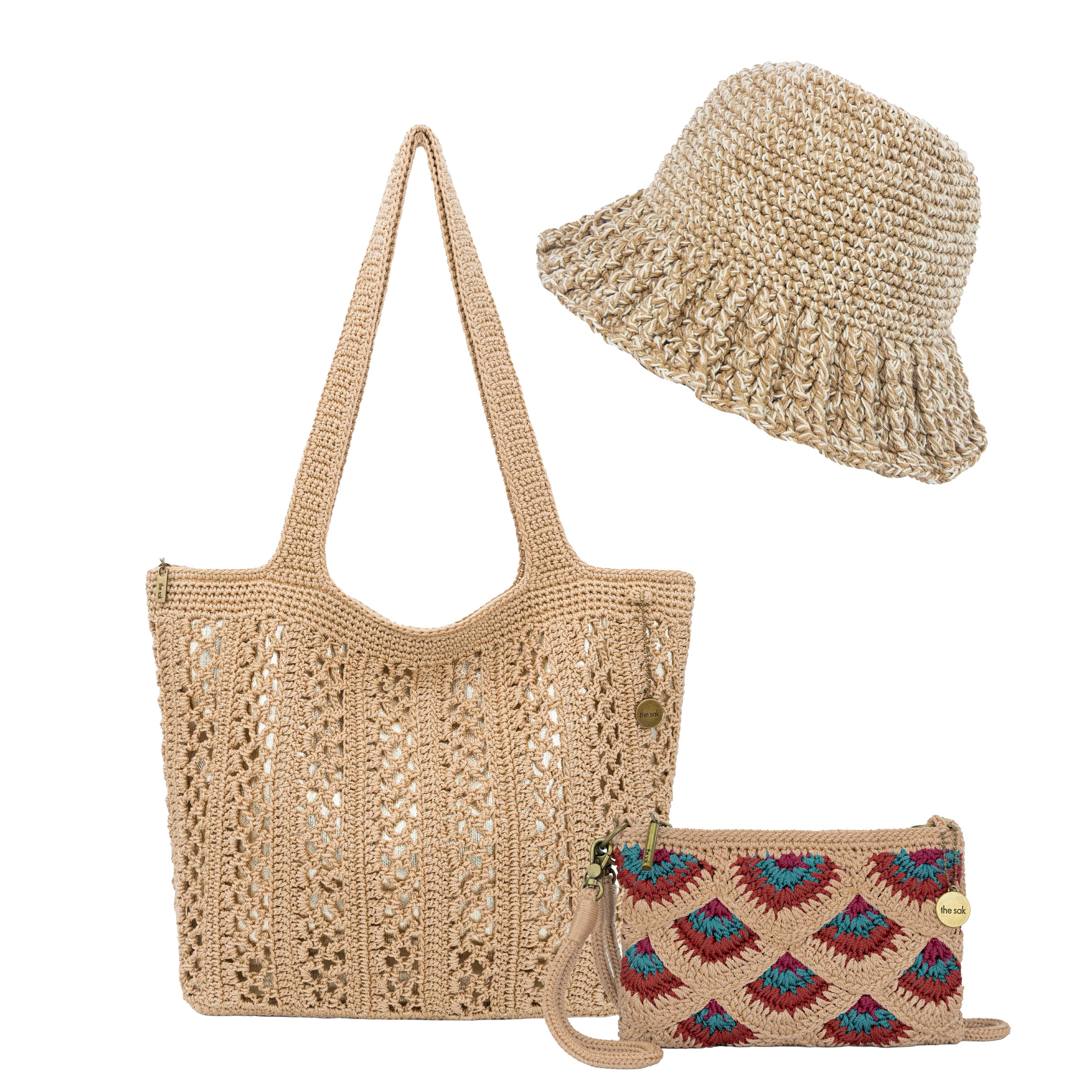 Three-piece set including tan woven tote bag, matching bucket hat, and small patterned clutch with colorful geometric design.